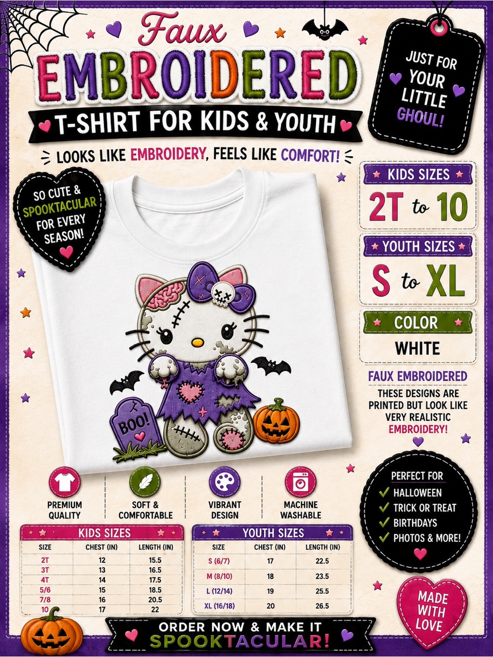Hello  Kitty Halloween Zombie t-shirt- kids, Black, Orange, Green New